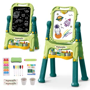 deAO Art Easel for Kids, Art Magnetic White Board & Chalkboard Double Side Adjustable Stand Drawing Writing Learning Educational Toy ，4 in1 Double-Sided Large Magnetic Drawing Chalk Board Kids Painting Easel