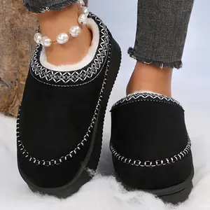 Trendy Women's Platform Slippers Fuzzy Lined Embroidered Warm Winter Mini Snow Boots Casual Indoor Outdoor Shoes