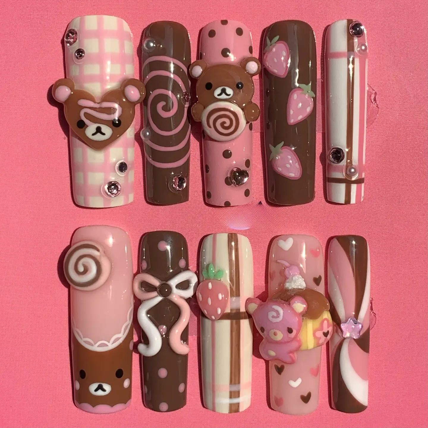 Rilakkuma Press On Nails, Cute 3D Bear Strawberry Brown Pink Kawaii Fake Nails, Long Square Plaid Decoden Handmade Nail Art with Free Adhesive Tabs Nail File Cuticle Stick