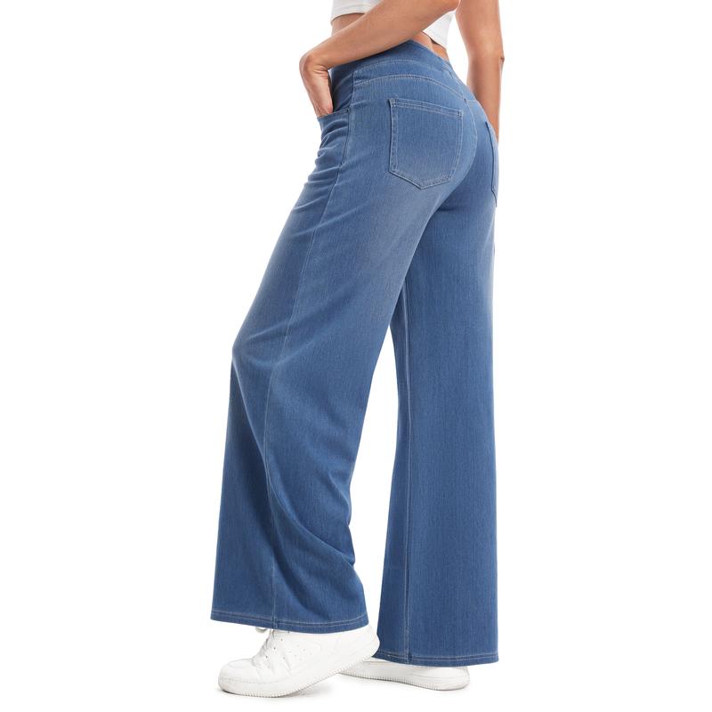YUCOLEN Wide Leg Stretchy Jeans for Women Loose Fit Elastic High Waist Pants Pull On Baggy Fit Jeans Tummy Control Trousers Casual Work Wear (Regular Inseam)