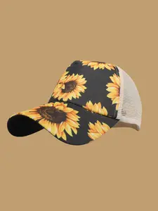 Sunflower Print Trucker Hat, Casual Outdoor Sports Hat for Women & Men, Adjustable Hat, Fashion Accessories for Daily Wear, Trucker Cap