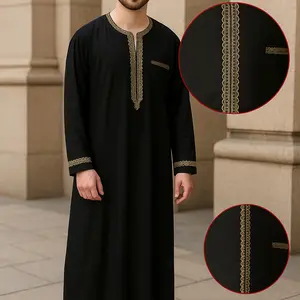 Men's Elegant Black Islamic Thobe with Embroidered Detailing, Long Sleeves, and Traditional Design