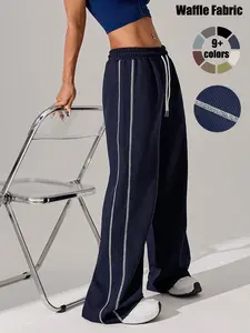 Women's Drawstring Waist Sports Joggers, Sporty Contrast Binding Wide Leg Trousers for Daily Outdoor Wear, versatile wear, Ladies Sportswear for All Seasons