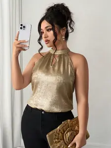 Plus Size Gold Metallic Halter Sleeveless Top - Elegant Cold-Shoulder Cutout Design Blouse for Office & Party