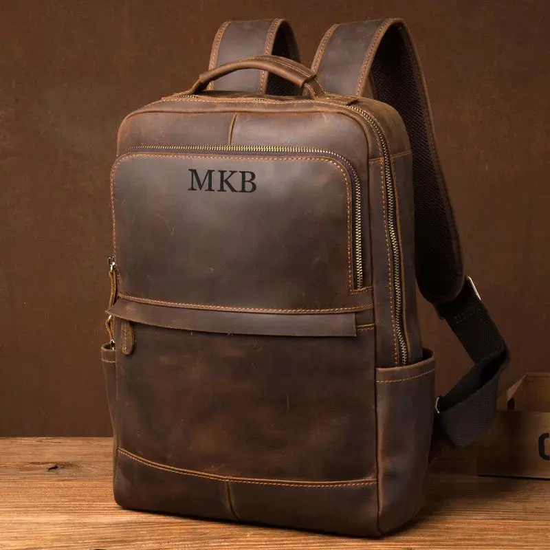 Personalized Crazy Horse Leather Backpack for Men Travel Laptop Backpack