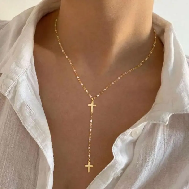 Y-Shape Lariat Necklace for Women, Gold Plated Dainty Cross Pendant, Adjustable Trendy Hypoallergenic Jewelry Gift, Trendy Jewelry