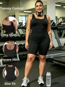 Plus Jumpsuit Womens Strappy Square Neck Tank Top Tummy Control Bodycon Stretch Shorts Jumpsuit Outfits  Shorts Jumpsuit