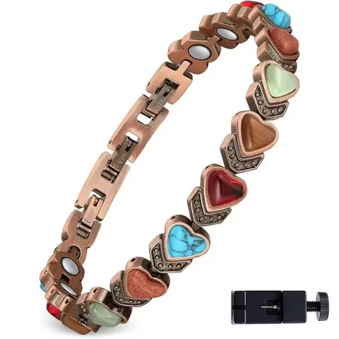 Antique Copper Magnetic Link Bangle - Adjustable, Stackable Flexible Fit, Gradient Gemstone Heart Shaped, Retro Cool Vibe, Skin-Tone Shine, Exquisite Fashionable Chunky Jewelry for Women Everyday Wear Bracelet