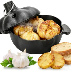 Cast Iron Garlic Roaster with Handle, Garlic Cooker Baker Roasting Pot for Outdoor Barbecue Use