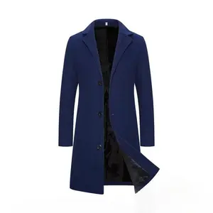 Men’s long trench coat with a solid-color button-front lapel, casual long-sleeve coat with a regular fit for autumn and winter, men’s everyday wear, can be paired with a raincoat
