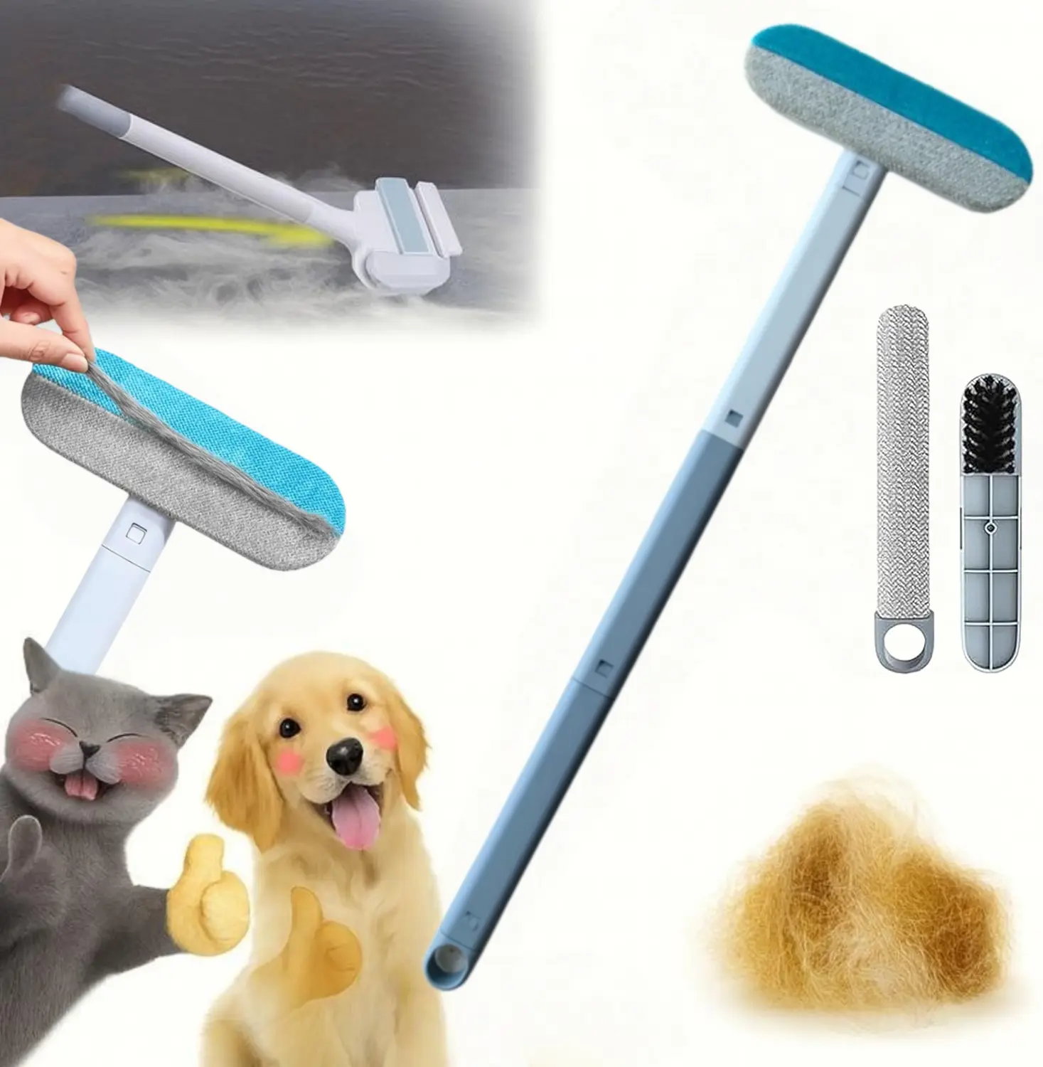 Upgraded Reusable Pet Hair Remover Brush with Extra-Long Handle - Universal Fit, Zero Waste, Washable Multi-Surface Lint Cleaner for Dogs & Cats, Ideal for Furniture & Bedding