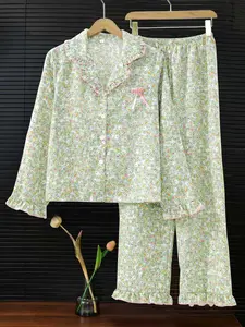 Women's Sleepwear Set, Floral Pattern Long Sleeve Open Front Top & Matching Pants, Elegant Home Wear, 2 Piece