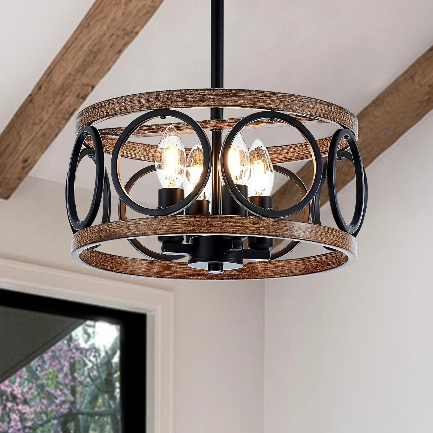 4-Light Farmhouse Drum Pendant Light,12.6'' Nature  Texture  Rustic Chandeliers Black Metal Industrial Hanging Light Fixtures for Entryway, Bedroom Dining Room