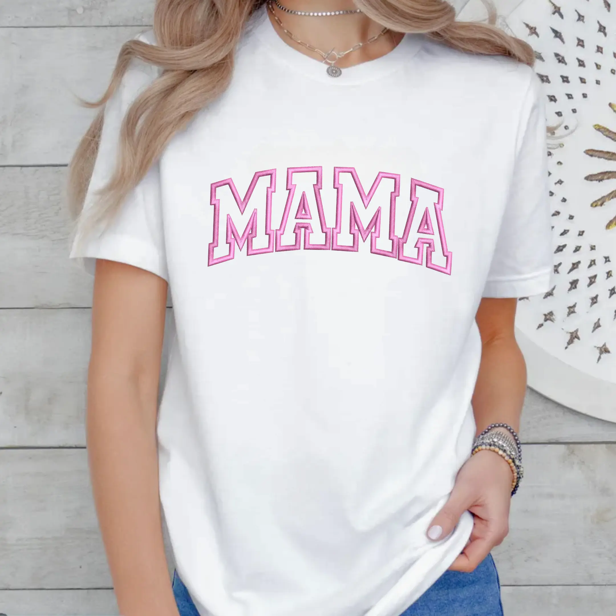 Mama Embroidered T-Shirt, Pink Varsity Letter Embroidery Tee, Mother's Day Gift, Minimalist Mom Shirt, Cute Family Top