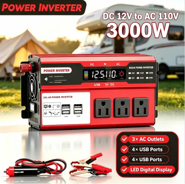 3000W Peak Power Inverter, DC 12V to AC 110V Converter with LCD Display & Wireless Remote, 3 AC Outlets 4 USB Ports for Car, RV, Camping, Boat & Emergency Power