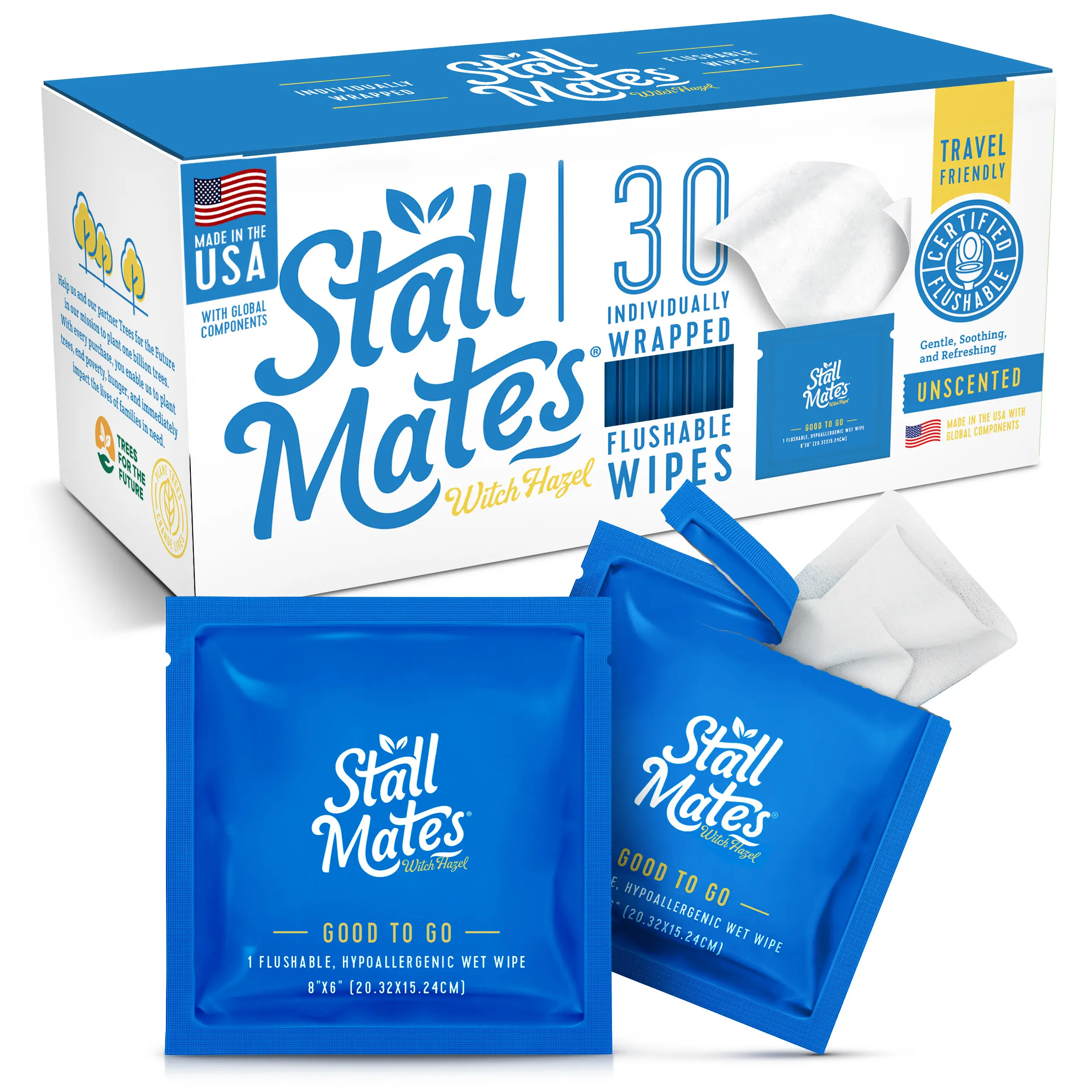 Stall Mates Wipes Witch Hazel Flushable Wipes, Individually Wrapped (30 on-the-go singles) Great for Public Bathrooms