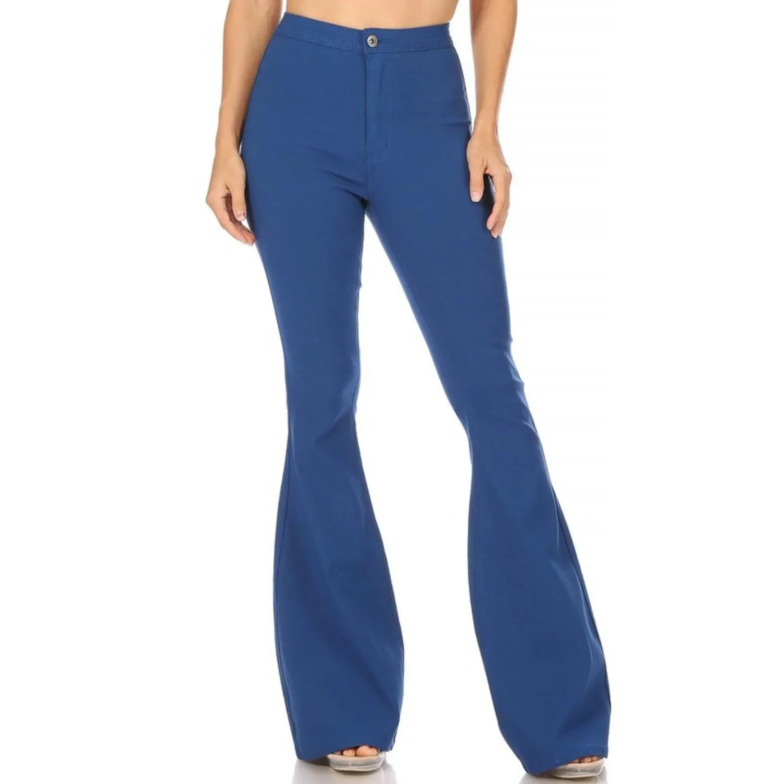 JCJQ Jeans Blue Super Stretch High-Waist Bell Bottom Pants — Vibrant Blue Retro Western Flare