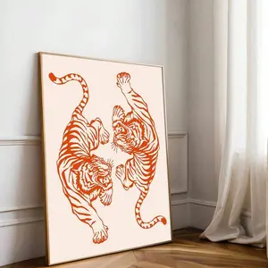 1PC Unframed Animal Tigers Retro Funky Poster Aesthetic Dopamine Decor Preppy Art Painting Vintage Canvas Print Minimalist Wall Picture For Dorm,Apartment,Living Room,Dining Room,Modern Home Decoration