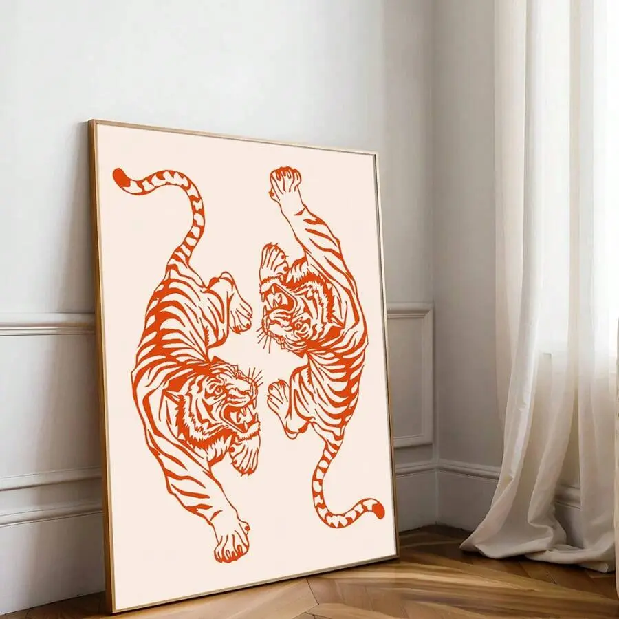 1PC Unframed Animal Tigers Retro Funky Poster Aesthetic Dopamine Decor Preppy Art Painting Vintage Canvas Print Minimalist Wall Picture For Dorm,Apartment,Living Room,Dining Room,Modern Home Decoration