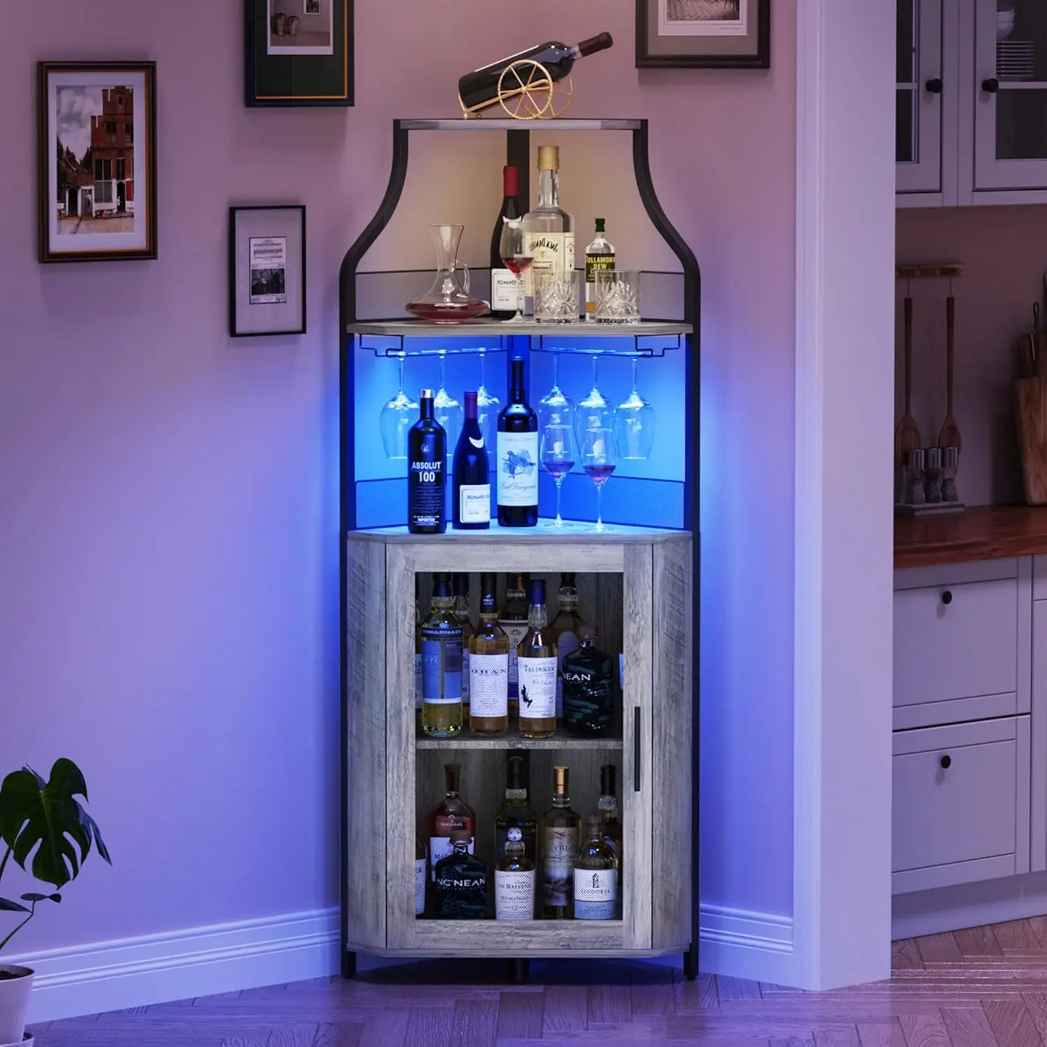 Corner Bar Cabinet 61" Tall Farmhouse Wine Cabinet with LED Light Detachable Wine Rack 5-Tier Industrial Wine Cabinet with Glass Holder Adjustable Shelves & Feet for Dining Living Room Kitchen