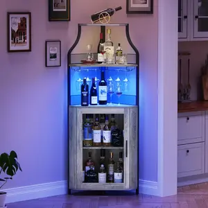 Corner Bar Cabinet 61" Tall Farmhouse Wine Cabinet with LED Light Detachable Wine Rack 5-Tier Industrial Wine Cabinet with Glass Holder Adjustable Shelves & Feet for Dining Living Room Kitchen