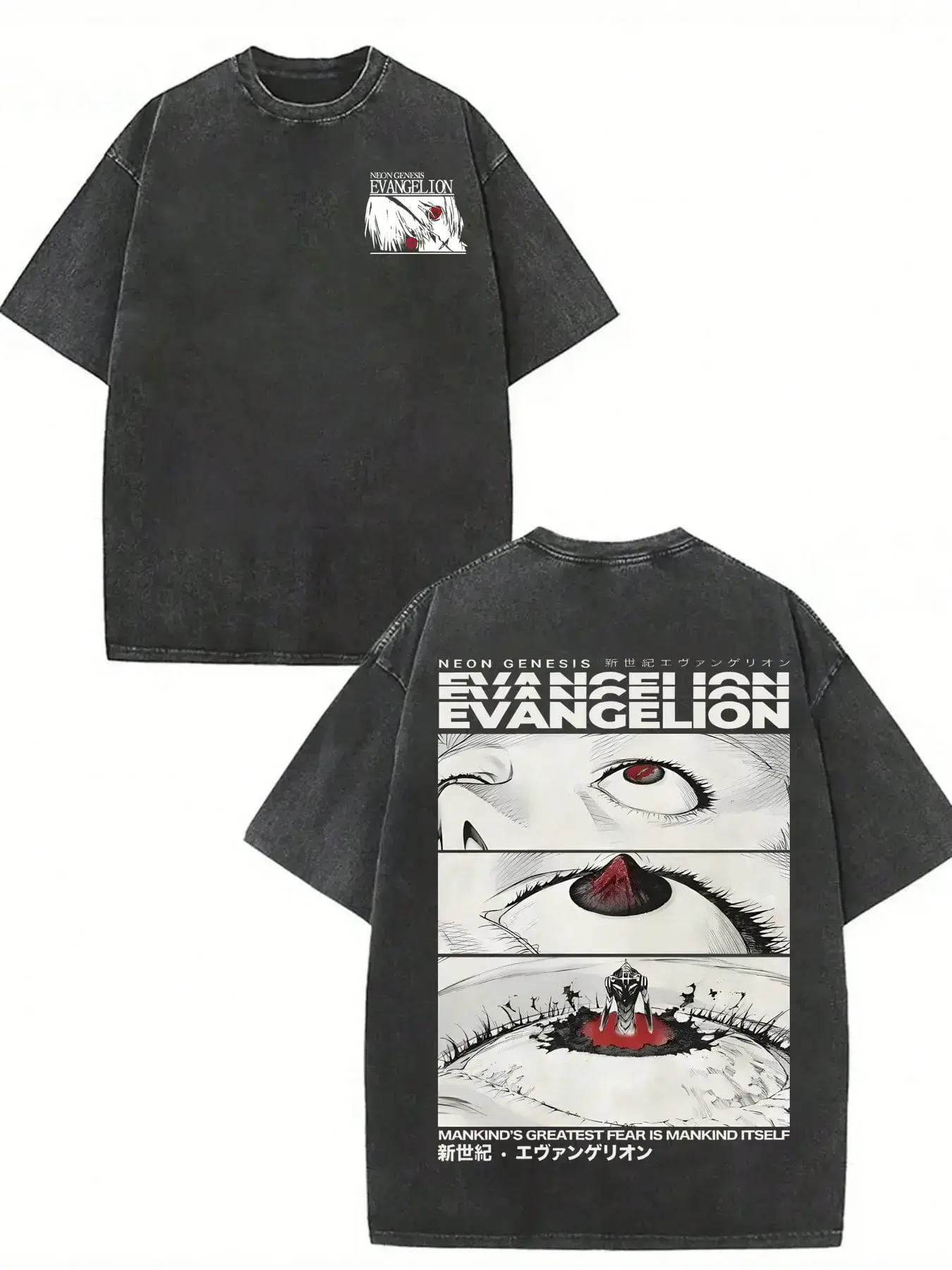 GLEC Neon Genesis Evangelion Devil's Eye 90s Vintage Washed T‑Shirt, Anime OOTD show Japanese Cartoon Minimalist Oversized Graphic Tee, Retro Streetwear Versatile Casual Top for Men Women Anime Fans