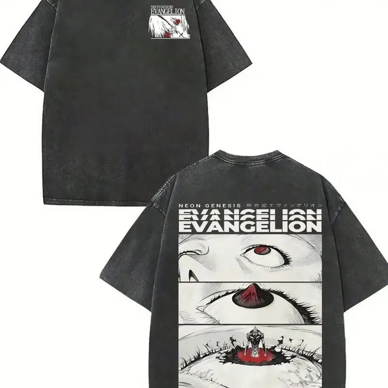 GLEC Neon Genesis Evangelion Devil's Eye 90s Vintage Washed T‑Shirt, Anime OOTD show Japanese Cartoon Minimalist Oversized Graphic Tee, Retro Streetwear Versatile Casual Top for Men Women Anime Fans