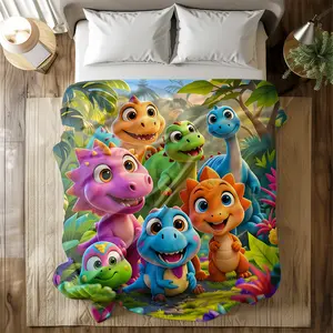 Soft Cartoon Dinosaur Flannel Blanket, Cozy Comfortable Throw for Office School Home Picnic Travel Gift Idea, 1 Piece