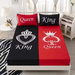 Romantic Couple Bedding Set, Breathable Polyester Fiber, High Definition Digital Print, Heart Crown King, Decorative Bedsheet Sets