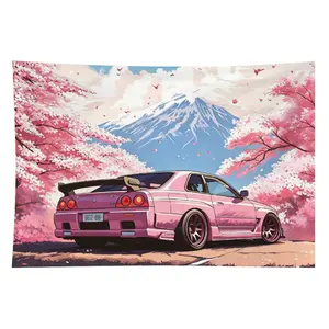 Car Tapestry Wall Hanging Decoration, Japan JDM R34 Pink Cherry Blossoms Tree & Mount Fuji Wall Art, 40"x60" Room Decorations for Bedroom & Living Room summerwins,summerwins