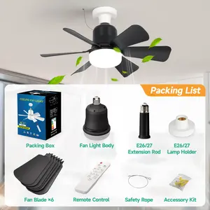 E27 socket ceiling fan light with Safety rope, energy-saving ceiling fan with LED light bulb, strong wind, silent belt memory function, 30W three-speed speed belt remote control, household bedroom kitchen garage dimmable fan light