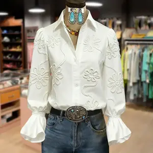 Elegant textured flower bell shaped sleeve button up shirt, elegant outdoor top, sweet and comfortable women's topRAIMENTRY