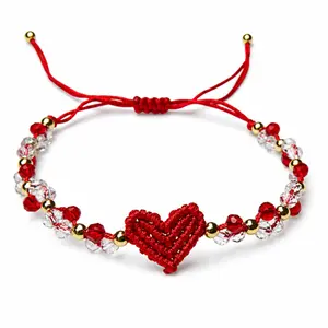 Handmade Red String Bracelet for Women Girlfriend Couples Matching Woven Macrame Heart Charm Bracelet Crystal Beaded Adjustable Rope Anniversary Valentine's Day Romantic Love Jewelry Gift with Card