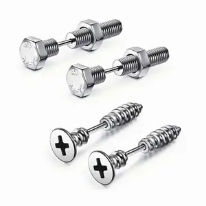 1 Set of 4 Stainless Steel Stud Earrings with Screw Design and Hole Back for Men and Women, Punk Style Party Jewelry, Daily Wear as Gift