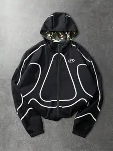 Men's Letter Print Patchwork Drawstring Zip Up Hooded Jacket, Regular Fit Classic Casual Comfy Fashion Long Sleeve Pocket Outerwear, Tops with Tight Cuffs and Hem for Spring & Fall, Men's Clothes for Daily Wear, Casual Streetwear Hoodie, Menswear