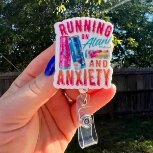Running On Alani And Anxiety Sparkly Retractable Badge Reel Cute Energy Drink Meme Acrylic ID Holder For Nurse Teacher Gift