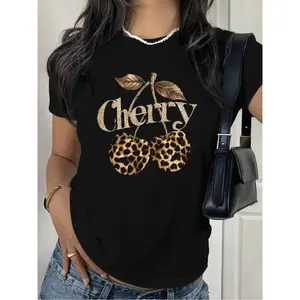 Women's Cherry & Letter Print Round Neck Tee, Casual Short Sleeve Crew Neck T-shirt for Summer, Fashion Women's Top for Daily Wear, Casual Loose Tee