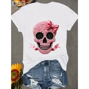 Women's Skull and Pink Pearl Pattern Printed Pure T-Shirt- Quick-Drying Lightweight Summer Casual Loose Fit, Machine Washable