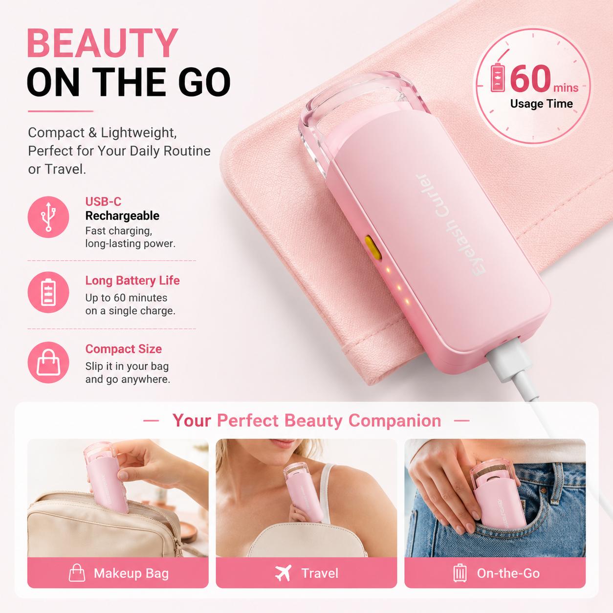 Thermal Eyelash Curler – USB Rechargeable with Thermo-sensitive Silicone Pad Fast Curling, Small Lifting Curler for Eyelashes – for Women, Girls, Home, Travel, Curly and Stylized