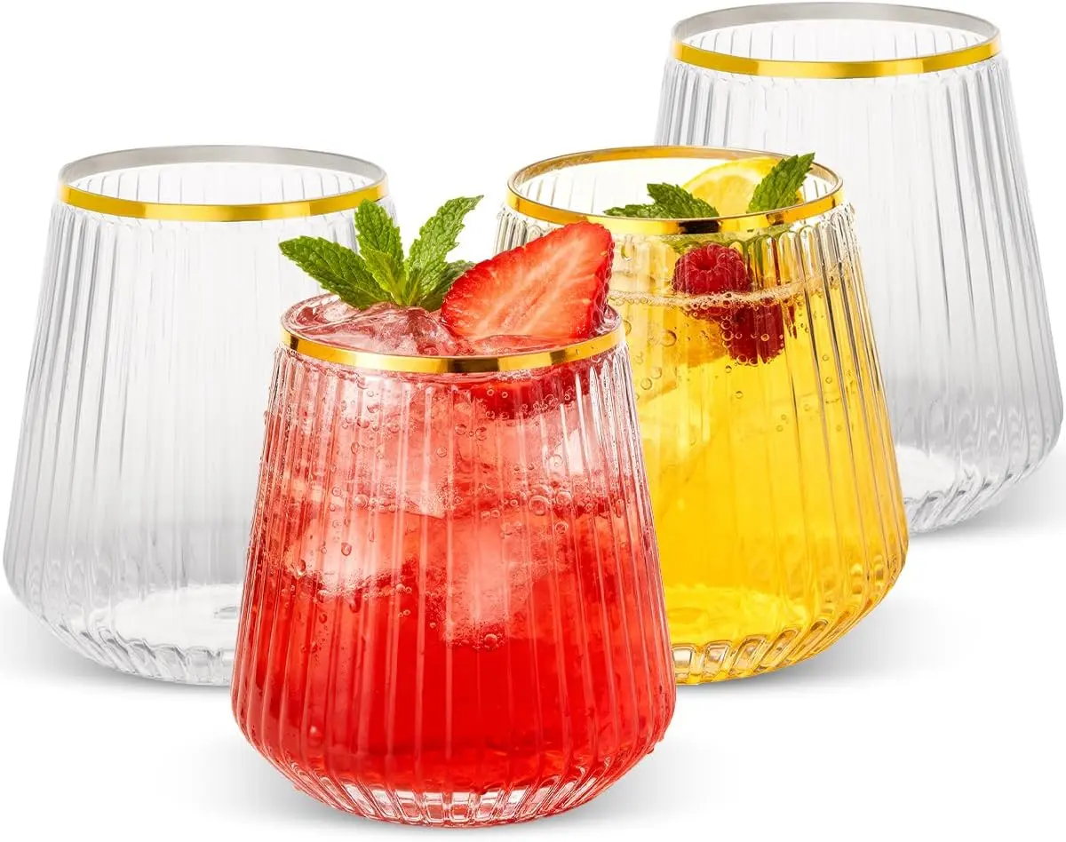 Goodluck 36 Pack 12oz Stemless Plastic Wine Glasses Clear Ribbed Gold Rim | Fancy Reusable Disposable Drinkware for Weddings, Parties, Bars, Indoor and Outdoor Events