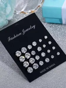 Vintage Geometric Heart Crystal Zircon Earrings Set, 12 Pairs, Six-Claw Design, Six Prong Earrings, Retro Style, Perfect for Women Jewelry Collection