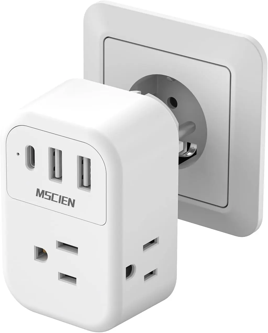 Mscien European Travel Plug Adapter, Power Adapter for Germany/France, Travel Adapter with 3 AC Outlets and 3 USB(1 USB C), Type F Plug Adapter for European Travel, Adapt To Icaland/South Korea/Greece