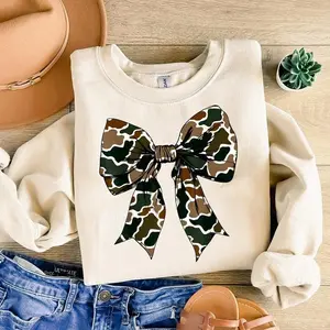 [Sale Up To 55%] Oldschool MAMA Camo Coquette Bow Sweatshirt - Unisex Cotton Round Neck Tee "MAMA" and Bow Design for Moms, Mother's Day Gift White Womenswear