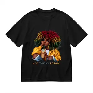 Plus Size Women'S NOT TODAY SATAN Bold Statement Graphic T-Shirt - Black with Vibrant Red & Green Lettering, Curly Hair & Drink Design, Lightweight Casual Short Sleeve Crew Neck Tee, Machine Washable