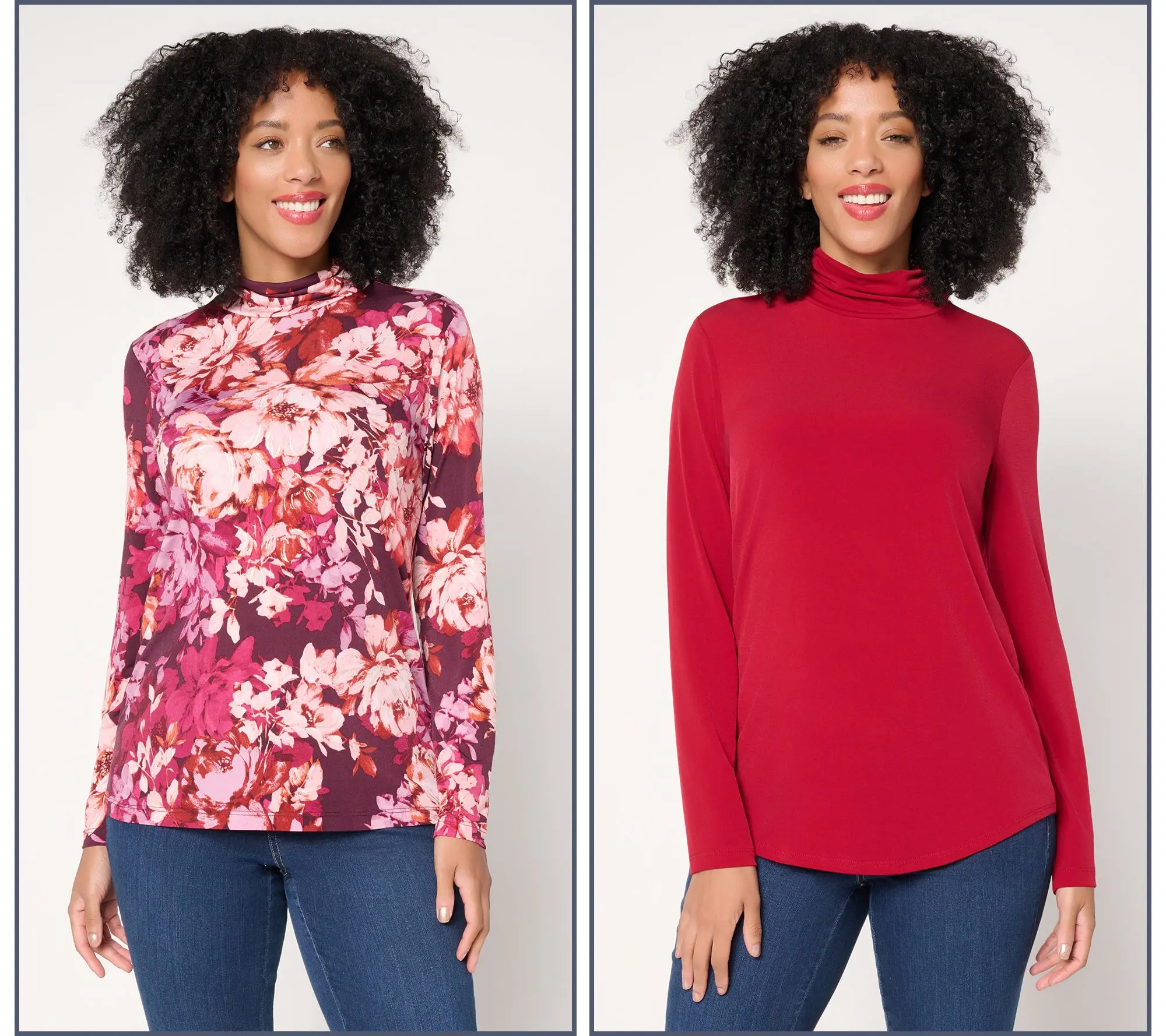 Susan Graver Set of 2 Liquid Knit Print & Sold Turtleneck Tops