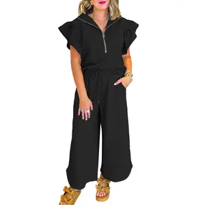 Znacicc Two Piece Sets for Women Ruffle Cap Sleeve Outfits Wide Leg Pants Zipper Textured Lounge Sets With Pockets