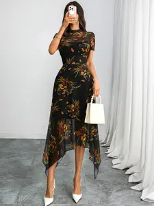 Gothic Print Asymmetrical Waist Dress, Women's Casual Long Sleeve A-Line Dress, Fall & Winter Fashion, Unique Design, Casual Dresses