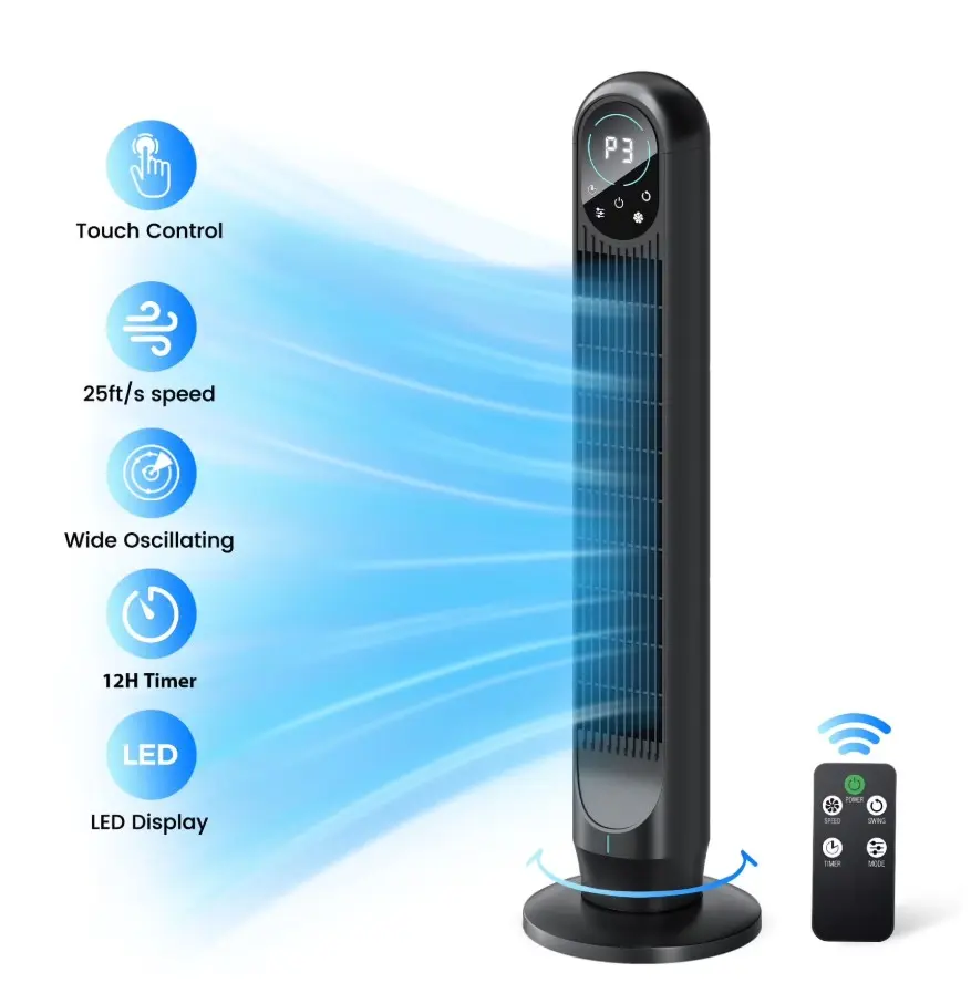 Tower Fan with Remote, 31" Bladeless Floor Fans for Home, 4 Modes & 4 Speeds, 12H Timer, LED Display, 80° Oscillating Wide Cooling for Bedroom, Office