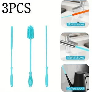 3pcs high-quality convenient straight handle silicone bottle cleaning brush set - hanging portable cup brush set, including bottle, straw brush