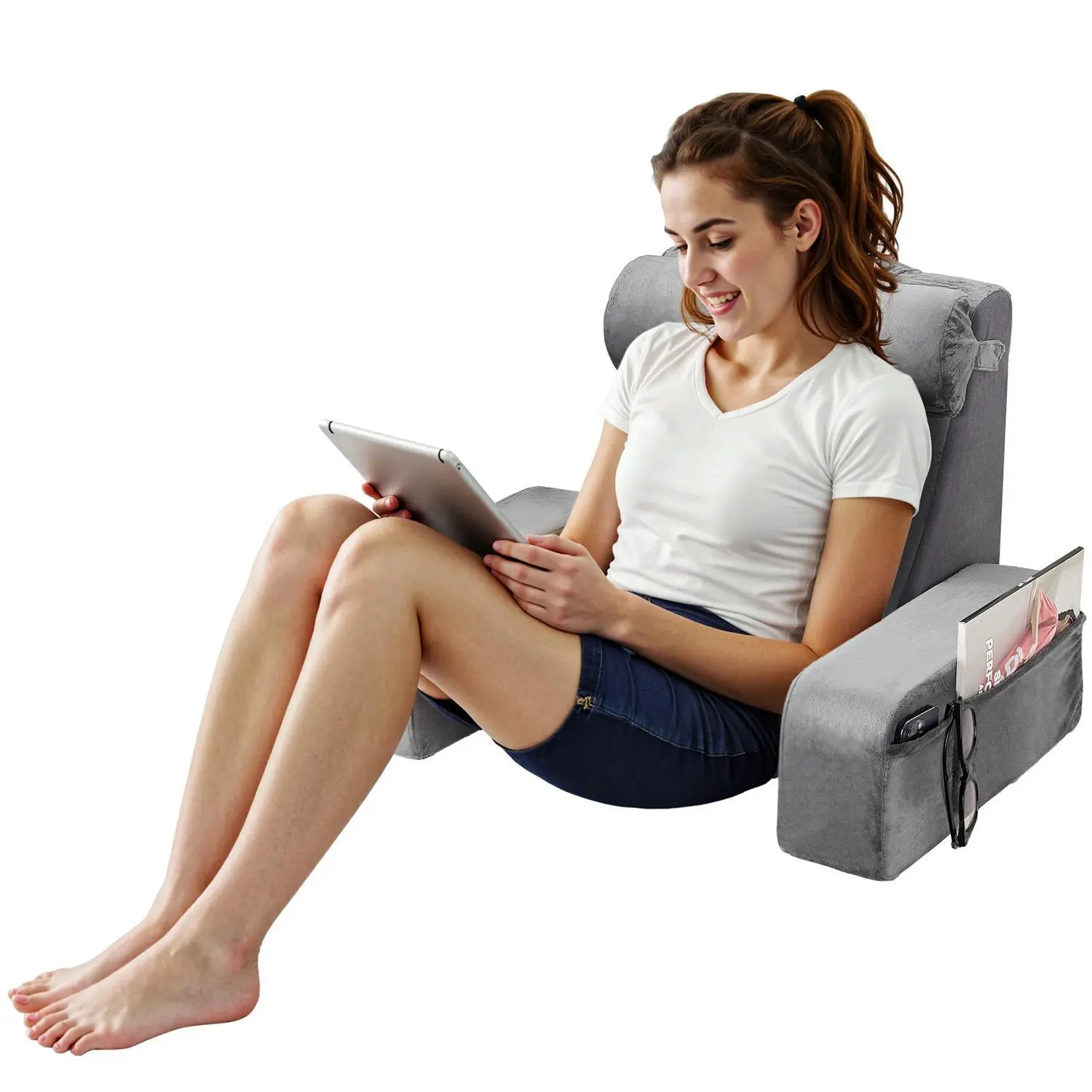 【SummerFinds】VEVOR Reading Pillow,  , Backrest Support Pillow with Arm and 3 Pockets, Large Size Bed Pillow with Removable Headrest & 25D Sponge, Handle for Easy Carrying, for Reading, Gaming, Resting, Working, Grey